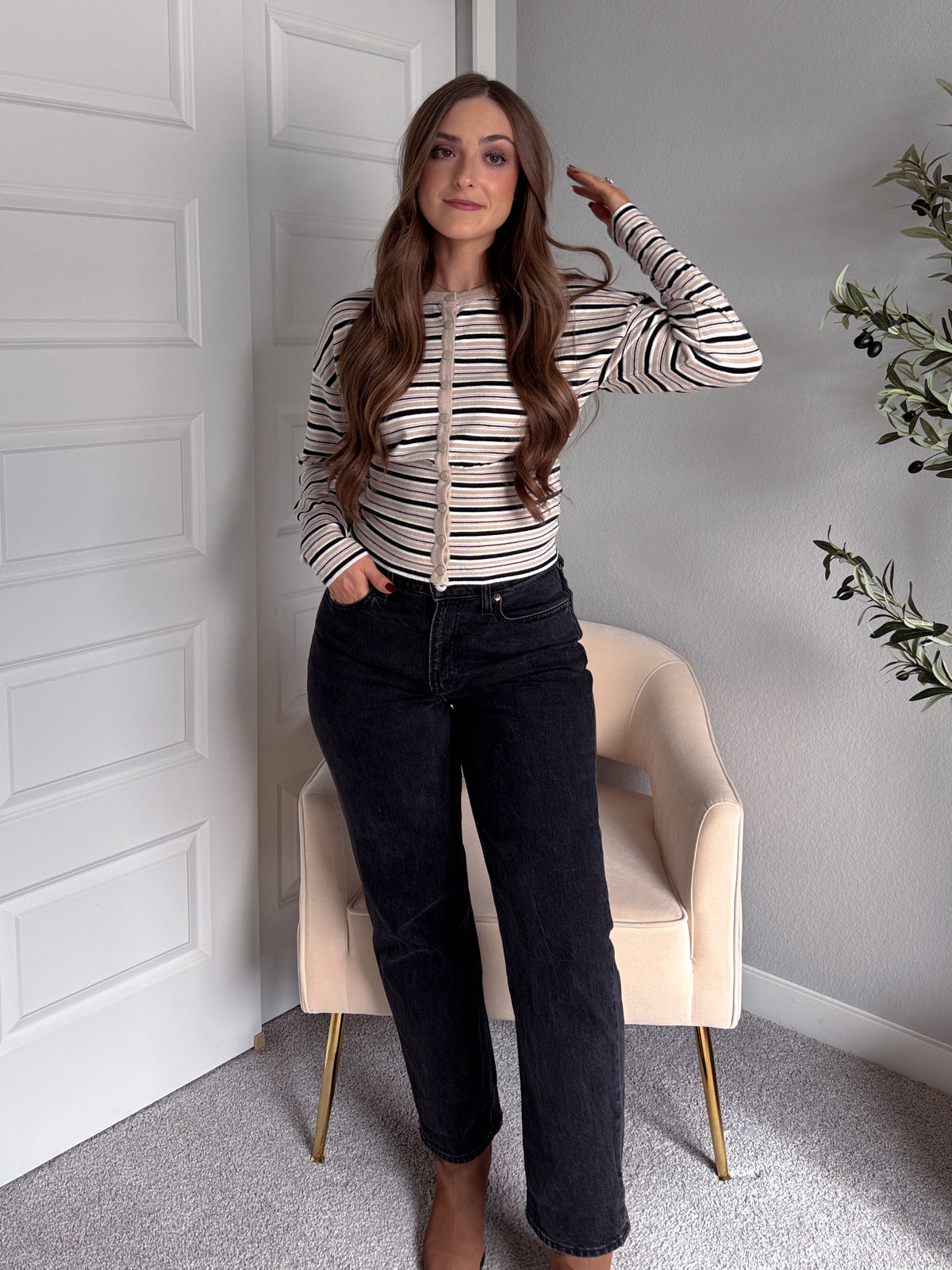 Nelle Striped Ribbed Button Front Cardigan (Taupe/Black)