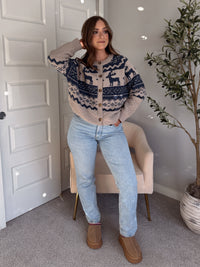 Nordic Elk Quilted Fair Isle Cardigan (Taupe/Dark Blue)