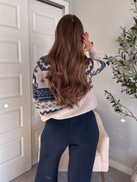 Nordic Elk Quilted Fair Isle Cardigan (Taupe/Dark Blue)