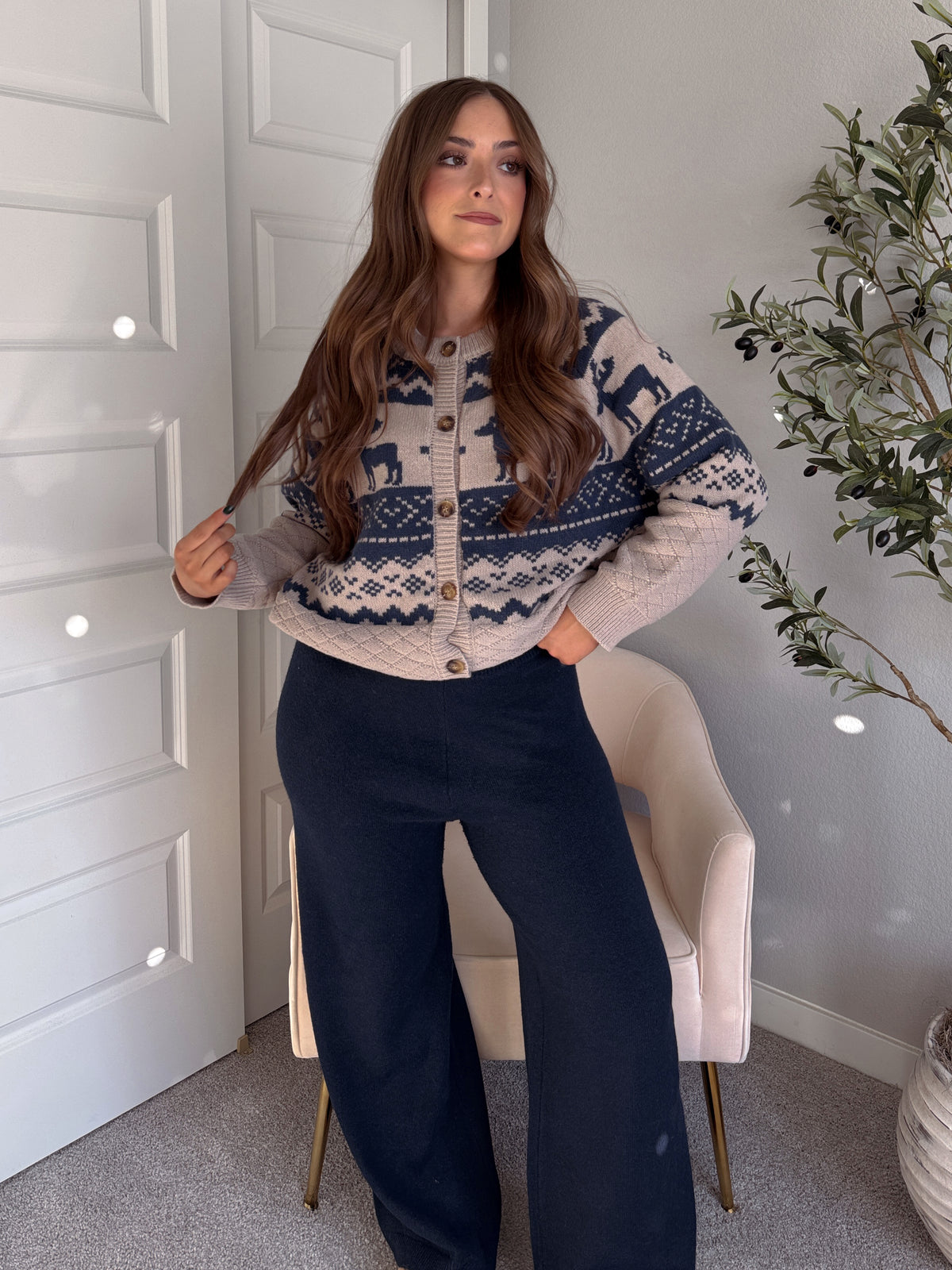 Nordic Elk Quilted Fair Isle Cardigan (Taupe/Dark Blue)