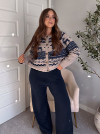 Nordic Elk Quilted Fair Isle Cardigan (Taupe/Dark Blue)