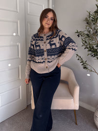 Nordic Elk Quilted Fair Isle Cardigan (Taupe/Dark Blue)