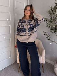 Nordic Elk Quilted Fair Isle Cardigan (Taupe/Dark Blue)