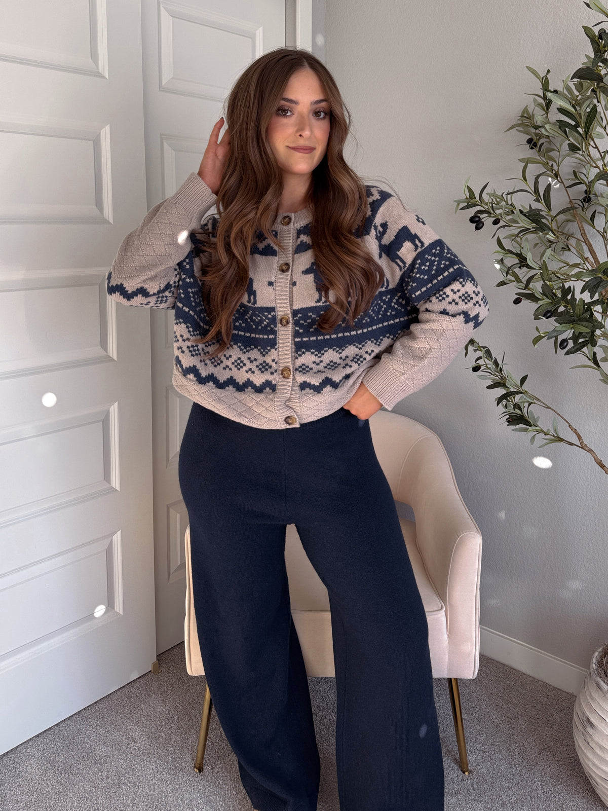 Nordic Elk Quilted Fair Isle Cardigan (Taupe/Dark Blue)