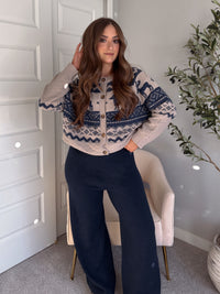 Nordic Elk Quilted Fair Isle Cardigan (Taupe/Dark Blue)