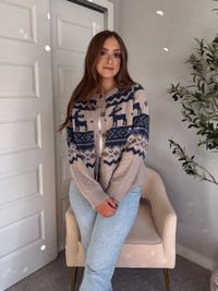 Nordic Elk Quilted Fair Isle Cardigan (Taupe/Dark Blue)