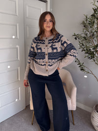 Nordic Elk Quilted Fair Isle Cardigan (Taupe/Dark Blue)