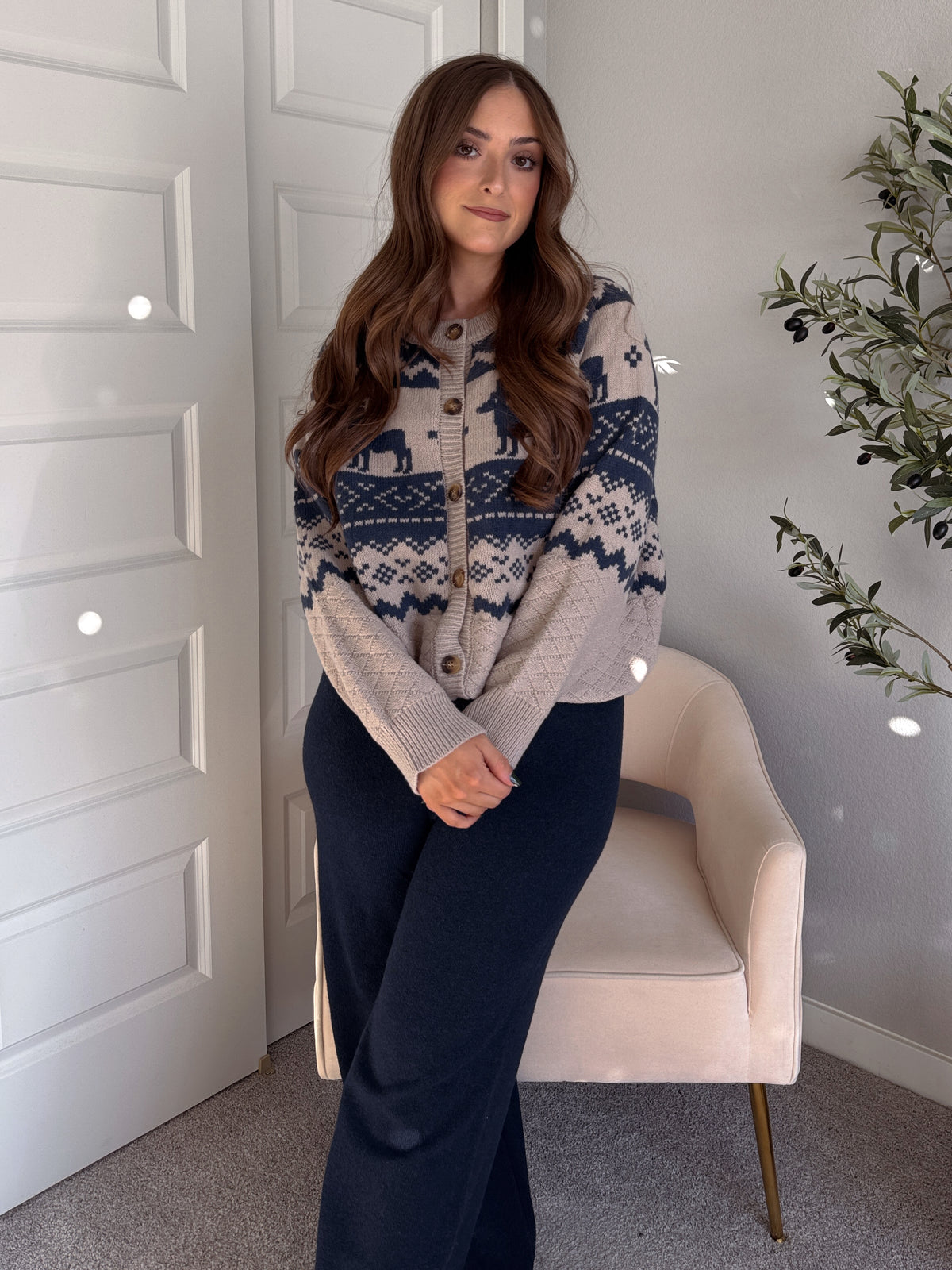 Nordic Elk Quilted Fair Isle Cardigan (Taupe/Dark Blue)