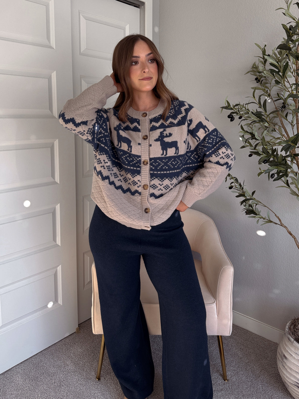 Nordic Elk Quilted Fair Isle Cardigan (Taupe/Dark Blue)