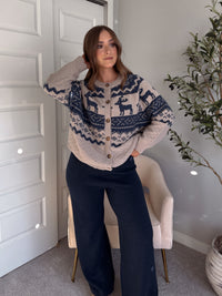 Nordic Elk Quilted Fair Isle Cardigan (Taupe/Dark Blue)