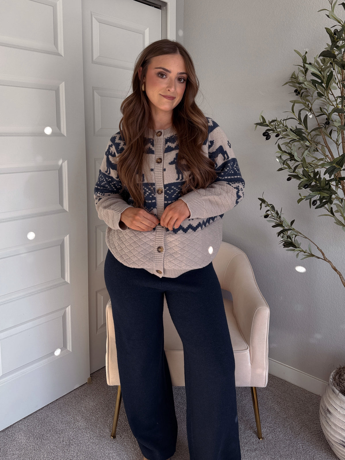 Nordic Elk Quilted Fair Isle Cardigan (Taupe/Dark Blue)