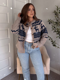 Nordic Elk Quilted Fair Isle Cardigan (Taupe/Dark Blue)