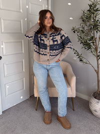 Nordic Elk Quilted Fair Isle Cardigan (Taupe/Dark Blue)