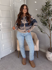 Nordic Elk Quilted Fair Isle Cardigan (Taupe/Dark Blue)