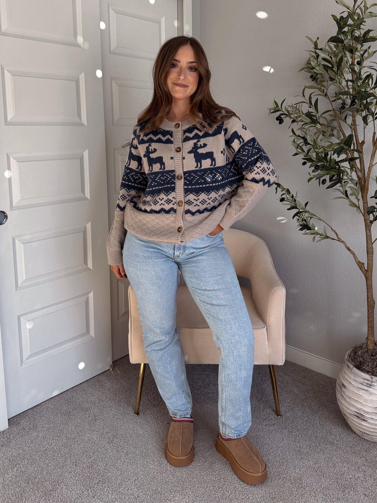 Nordic Elk Quilted Fair Isle Cardigan (Taupe/Dark Blue)