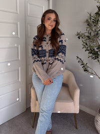 Nordic Elk Quilted Fair Isle Cardigan (Taupe/Dark Blue)