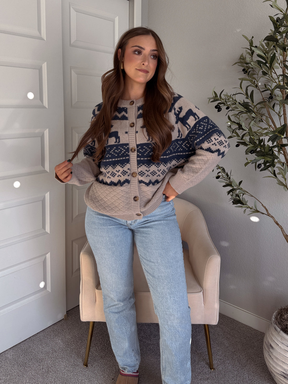 Nordic Elk Quilted Fair Isle Cardigan (Taupe/Dark Blue)