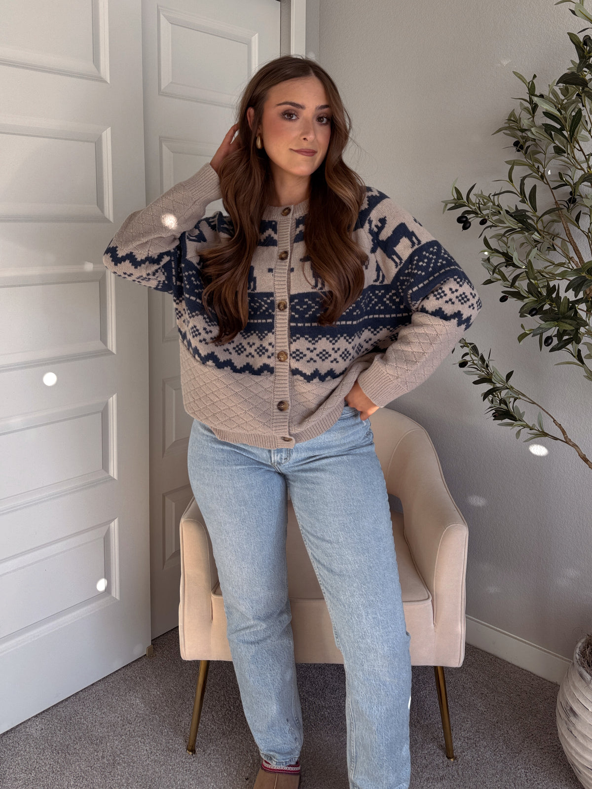 Nordic Elk Quilted Fair Isle Cardigan (Taupe/Dark Blue)