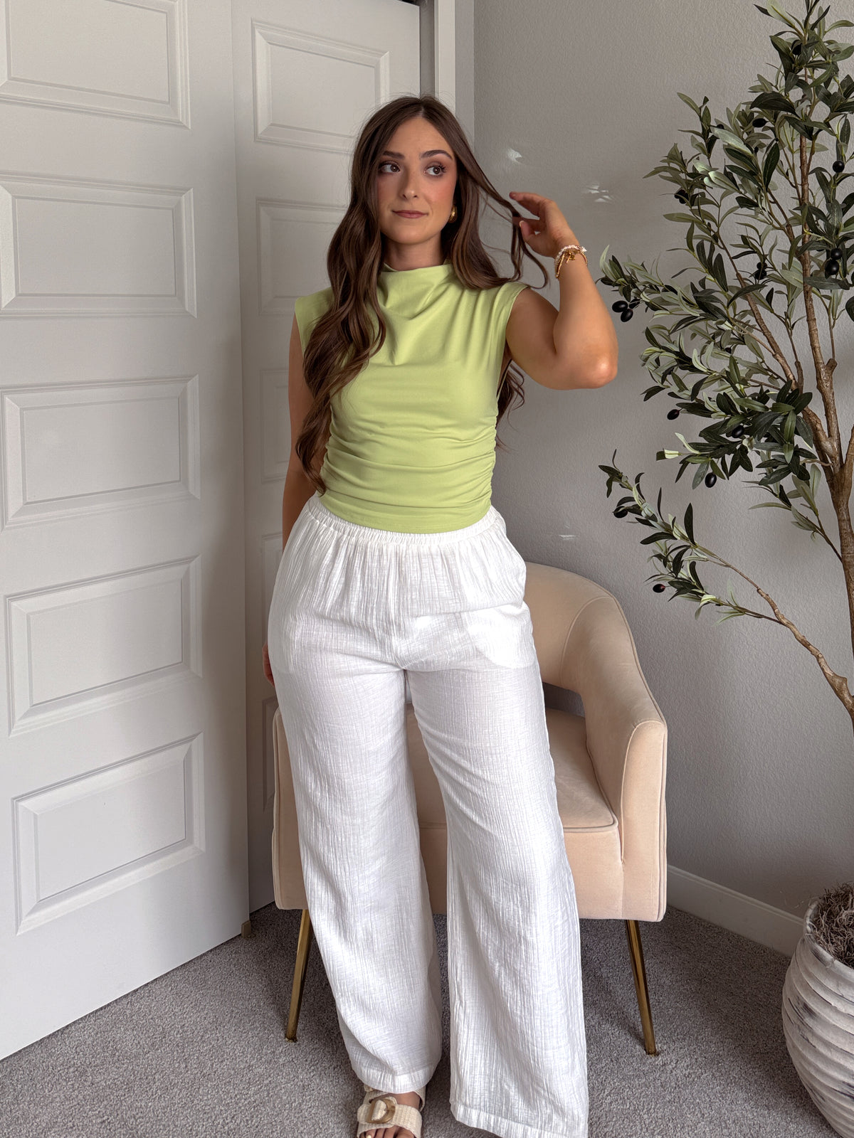 Nova Mock Neck Ruched Crop Top (Lime Green)