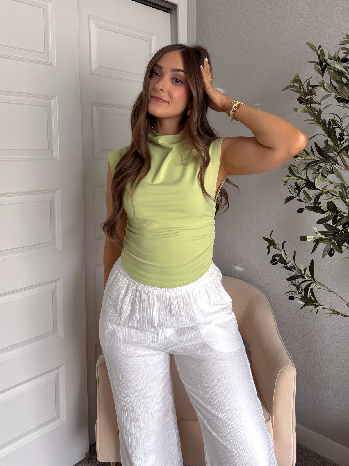 Nova Mock Neck Ruched Crop Top (Lime Green)