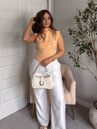 Nova Mock Neck Ruched Crop Top (Melon)