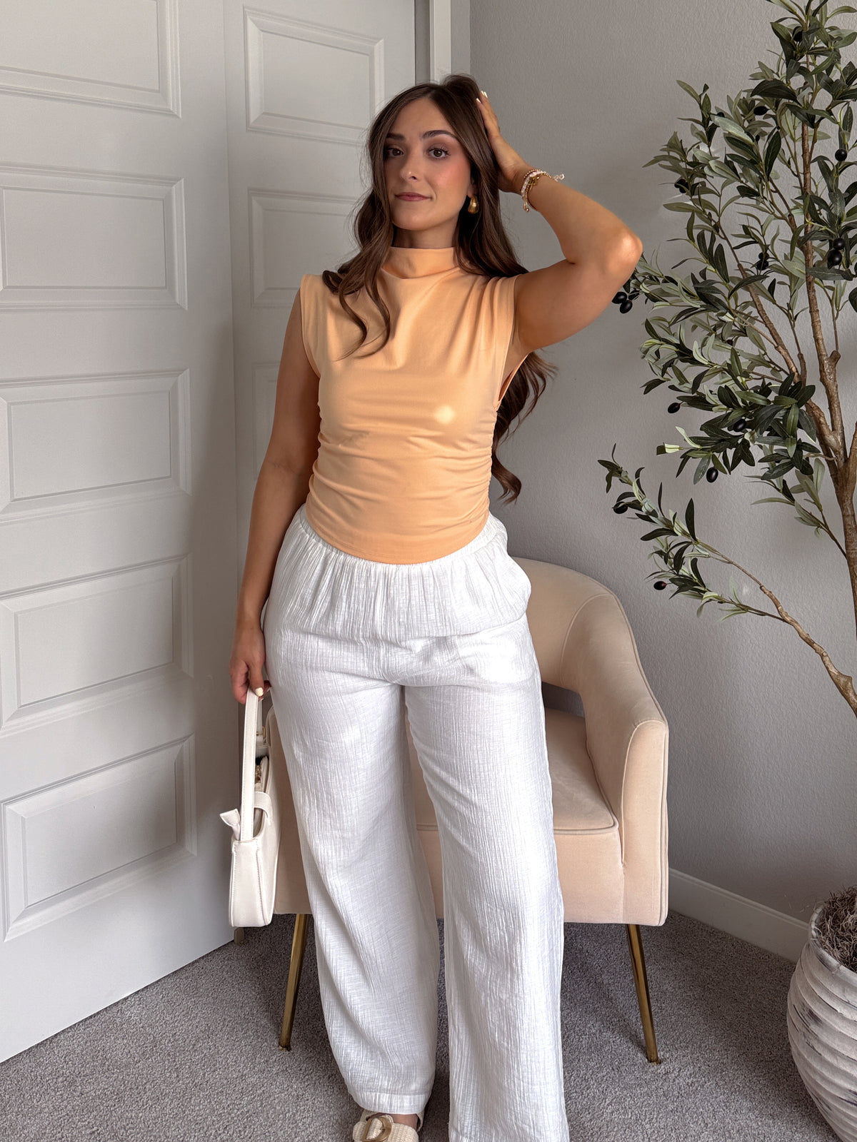 Nova Mock Neck Ruched Crop Top (Melon)