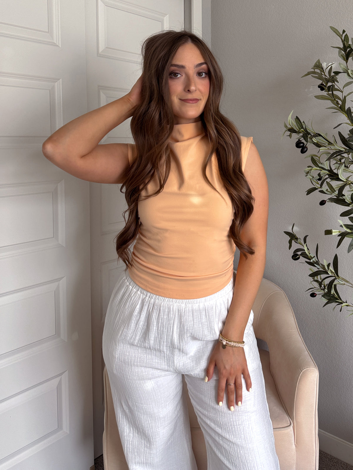 Nova Mock Neck Ruched Crop Top (Melon)