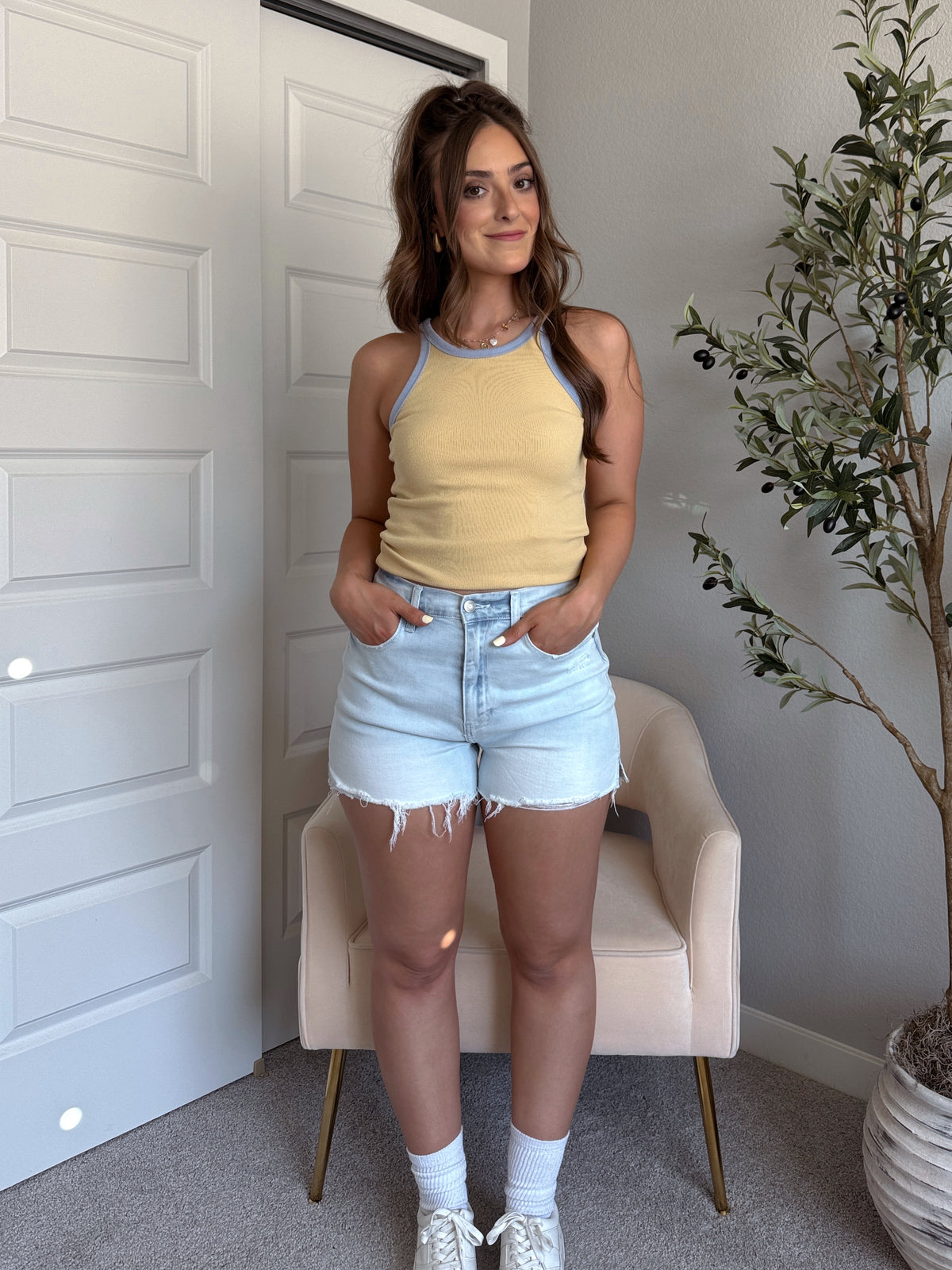 Olivia High-Rise Vintage Denim Cutoff Shorts (Light Wash)