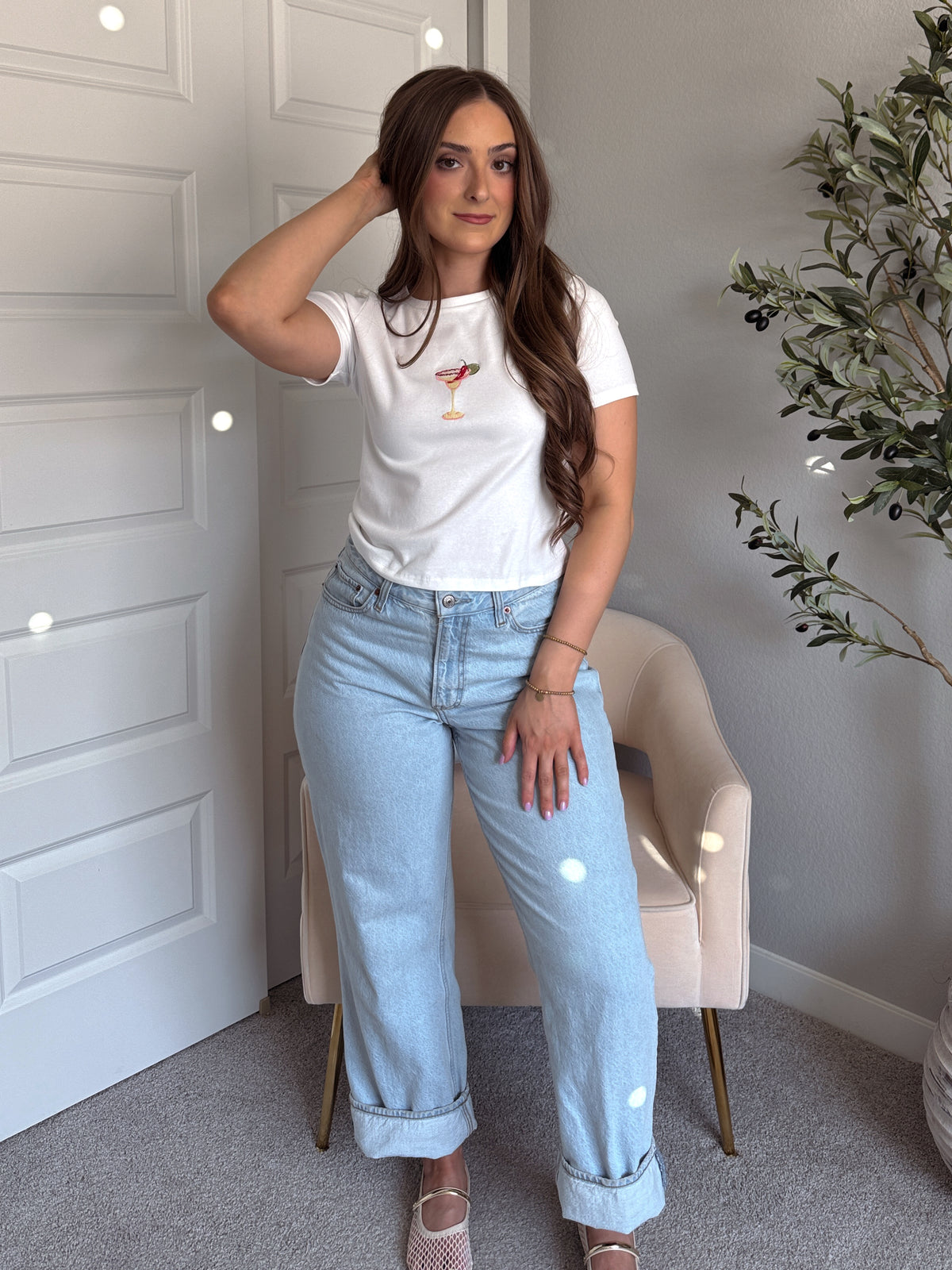 On The Rocks Margarita Embroidered Baby Tee (White)