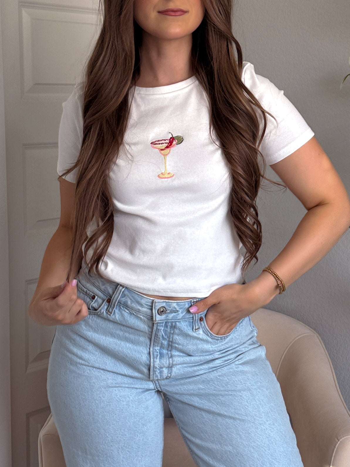 On The Rocks Margarita Embroidered Baby Tee (White)