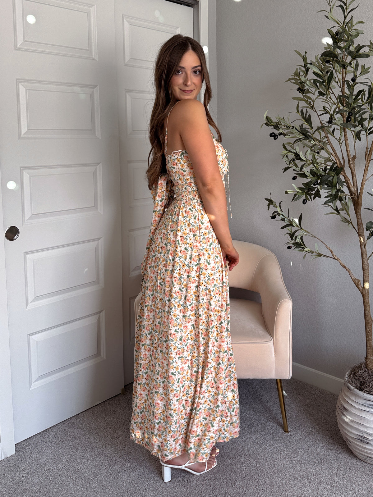 Paloma Floral Smocked Open Tie Back Maxi Dress (Coral)