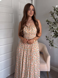 Paloma Floral Smocked Open Tie Back Maxi Dress (Coral)