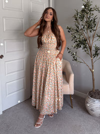 Paloma Floral Smocked Open Tie Back Maxi Dress (Coral)