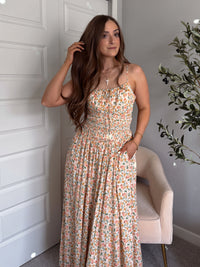 Paloma Floral Smocked Open Tie Back Maxi Dress (Coral)