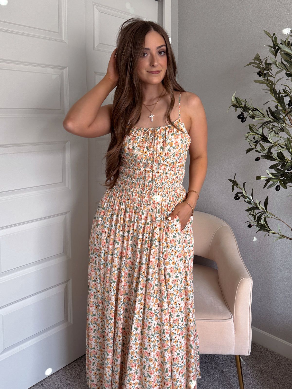Paloma Floral Smocked Open Tie Back Maxi Dress (Coral)