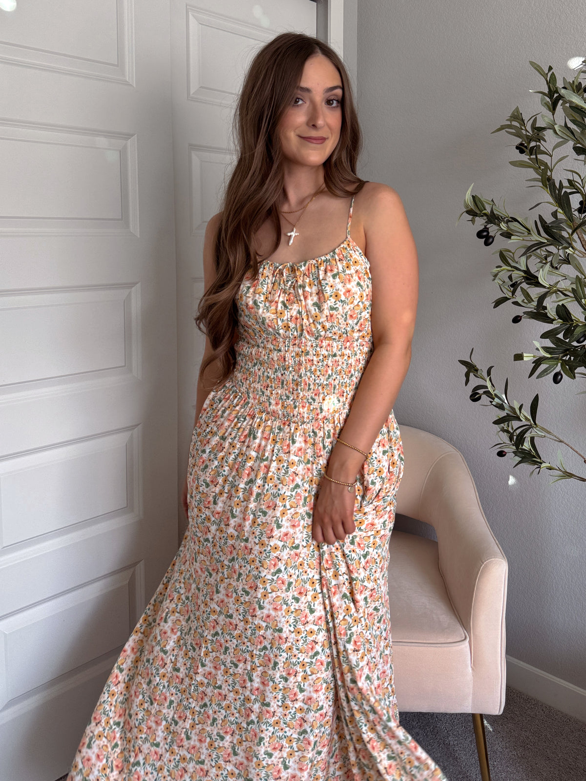 Paloma Floral Smocked Open Tie Back Maxi Dress (Coral)