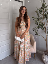 Paloma Floral Smocked Open Tie Back Maxi Dress (Coral)