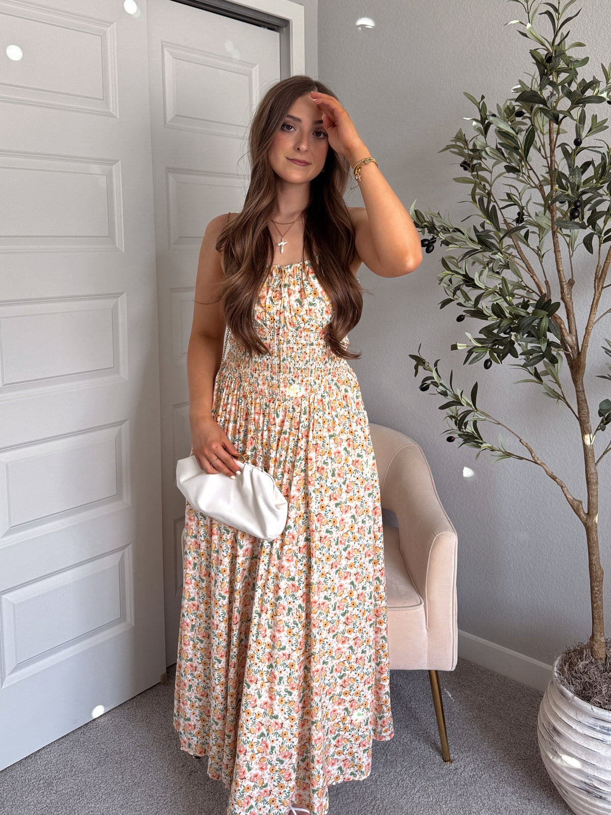 Paloma Floral Smocked Open Tie Back Maxi Dress (Coral)