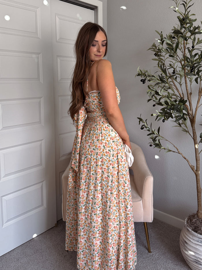 Paloma Floral Smocked Open Tie Back Maxi Dress (Coral)