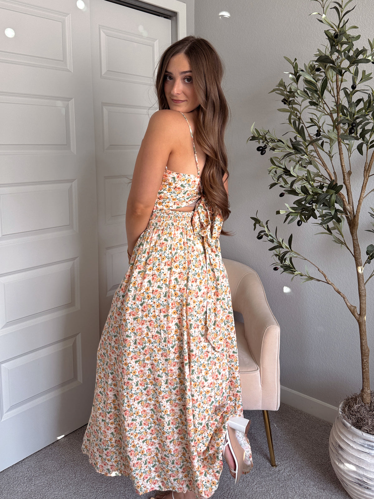 Paloma Floral Smocked Open Tie Back Maxi Dress (Coral)