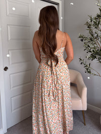 Paloma Floral Smocked Open Tie Back Maxi Dress (Coral)