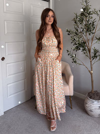 Paloma Floral Smocked Open Tie Back Maxi Dress (Coral)