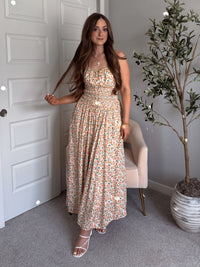 Paloma Floral Smocked Open Tie Back Maxi Dress (Coral)