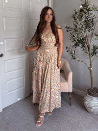 Paloma Floral Smocked Open Tie Back Maxi Dress (Coral)