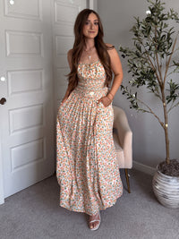 Paloma Floral Smocked Open Tie Back Maxi Dress (Coral)