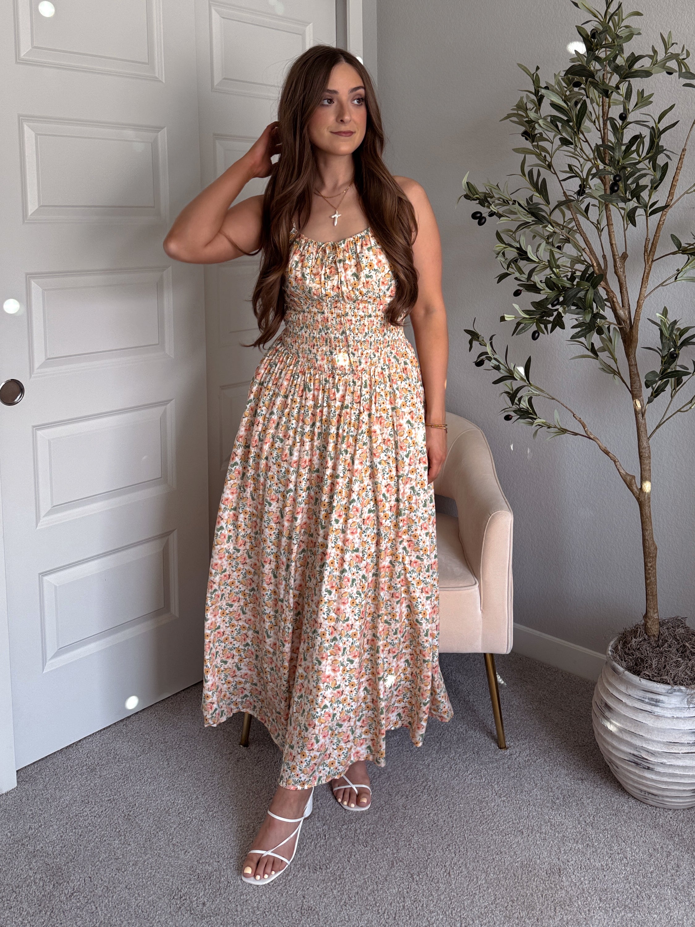 Paloma Floral Smocked Open Tie Back Maxi Dress (Coral) – La Belle