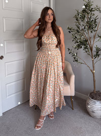 Paloma Floral Smocked Open Tie Back Maxi Dress (Coral)
