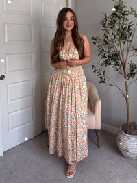 Paloma Floral Smocked Open Tie Back Maxi Dress (Coral)
