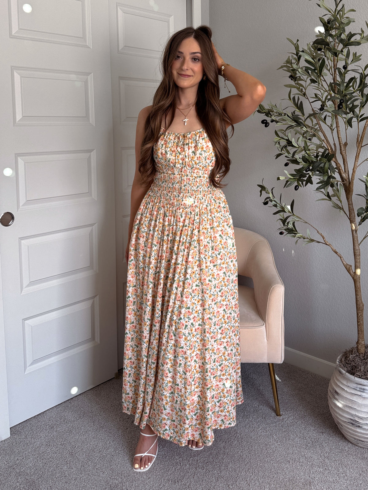 Paloma Floral Smocked Open Tie Back Maxi Dress (Coral)