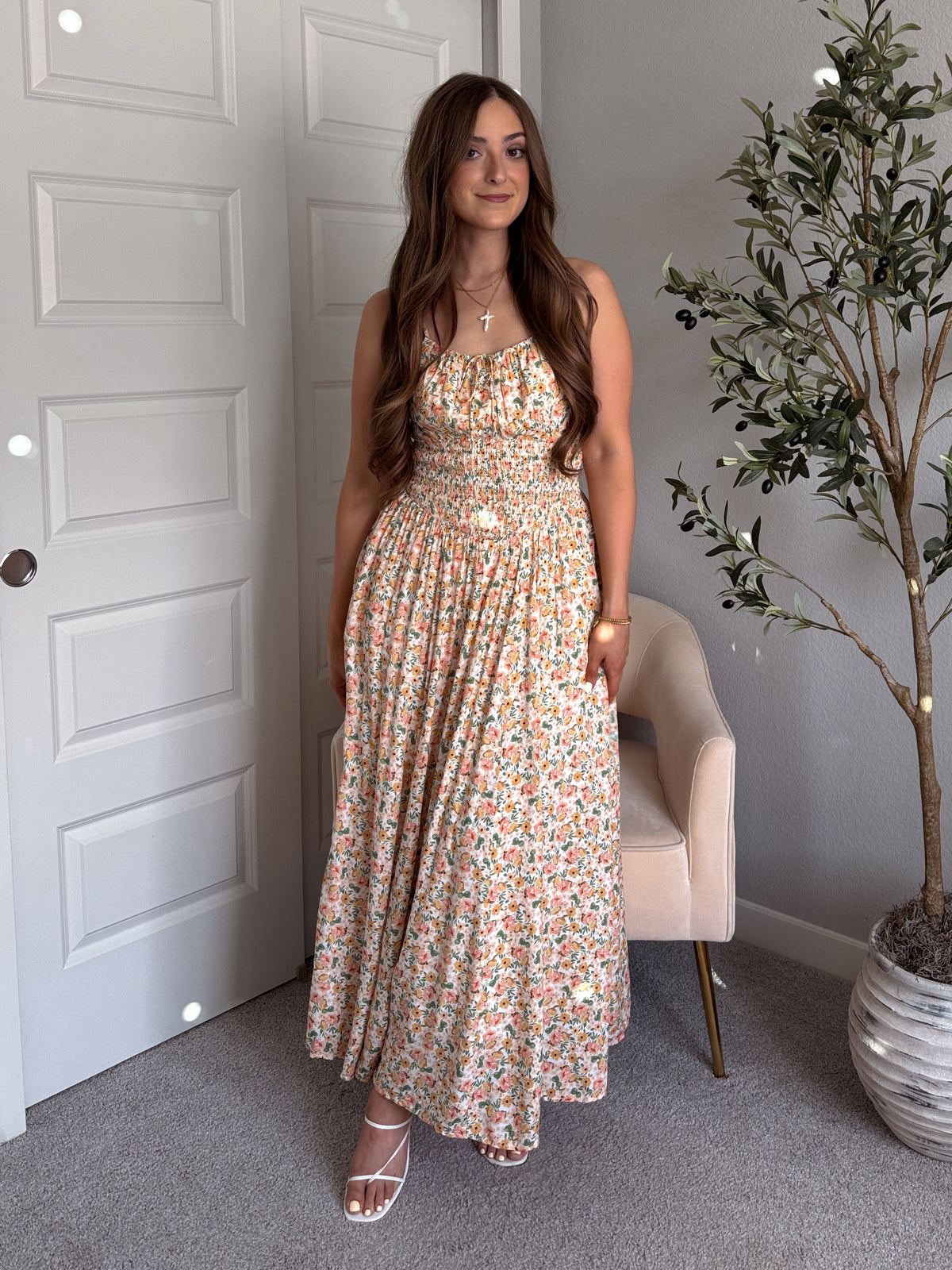 Paloma Floral Smocked Open Tie Back Maxi Dress (Coral)